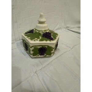 Vintage 1984 Hand Painted Ceramic Grape Octagonal Lidded Sugar Candy Dish Signed